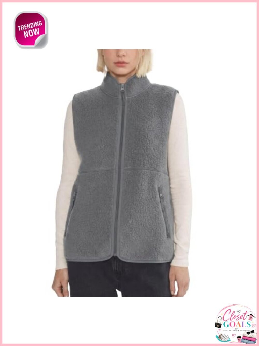 Sherpa Fleece Zip Up Vest Sleeveless Mock Neck Lightweight Warm Outerwear